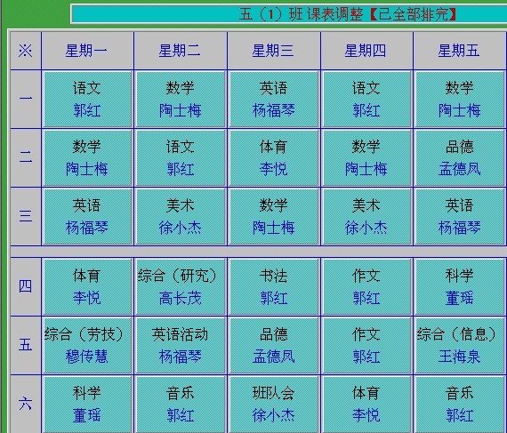 2013—2014第一学期五年级各班课表